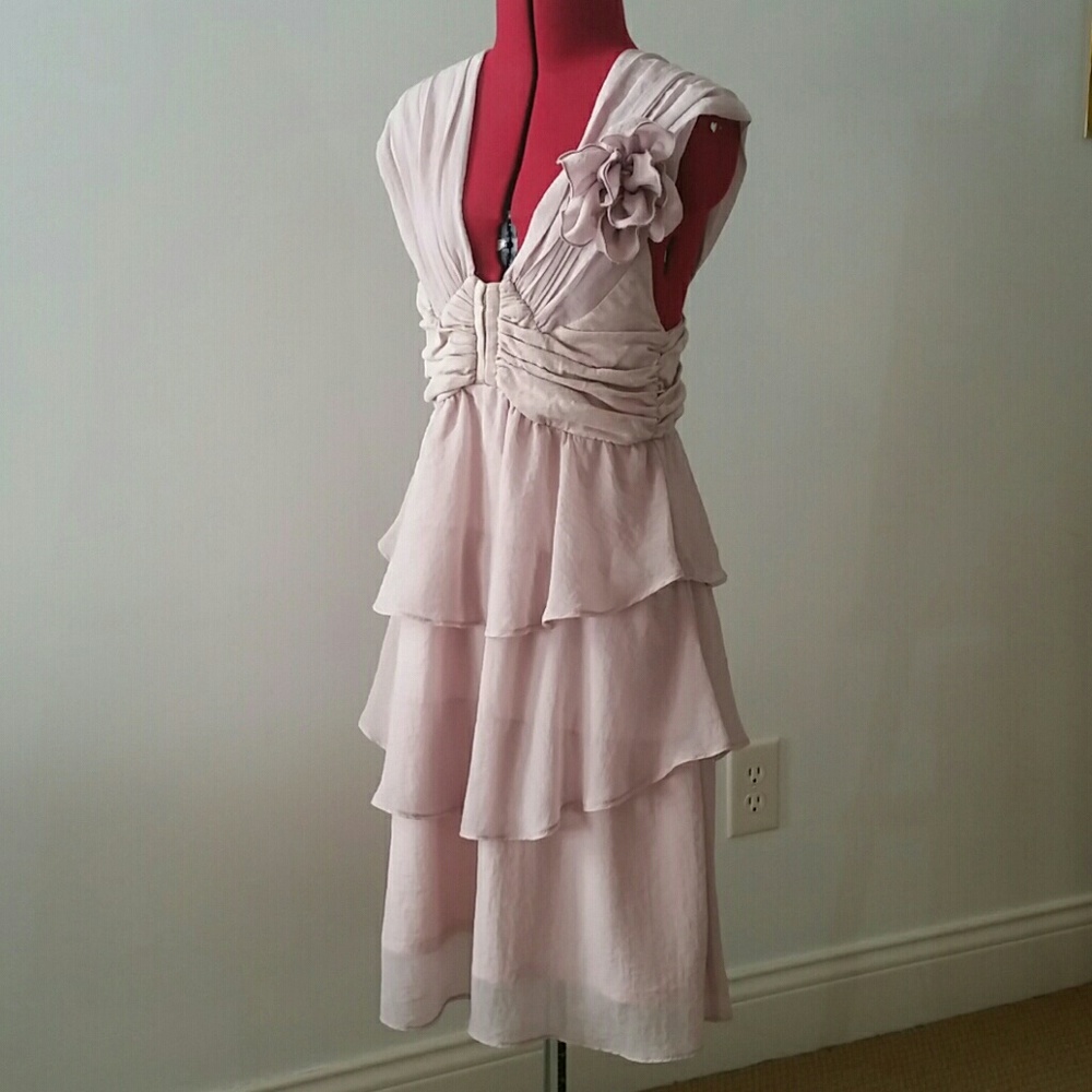 Soft Pink Tiered Dress with Deep V & Flower